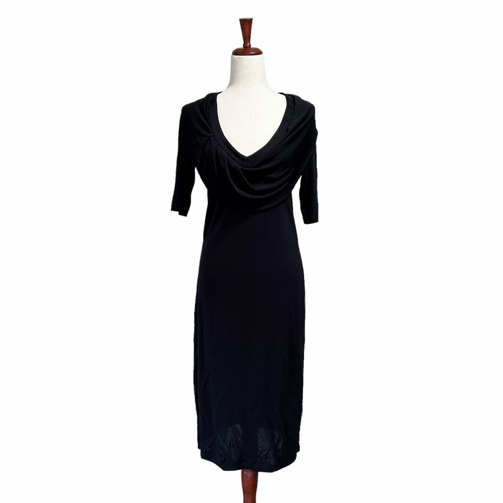 Escada Midi Dress 38 US 6 Draped Shawl Collar in Viscose Black A-Line Elegant
